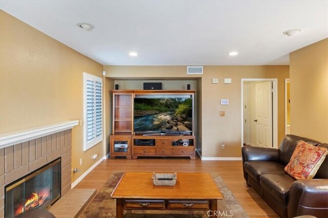 living room with a fireplace and hardwood / wood-style floors