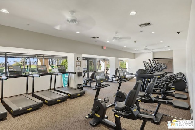 workout area featuring carpet flooring and ceiling fan