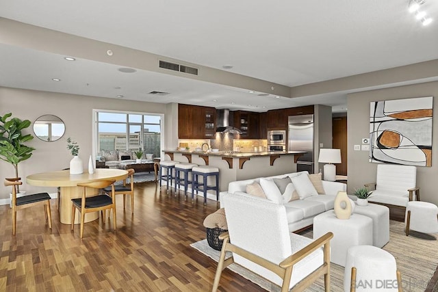 living room with dark wood-type flooring