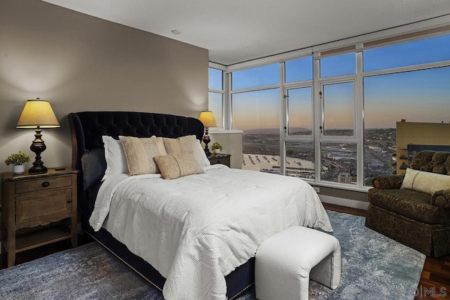 bedroom with multiple windows and dark wood-type flooring