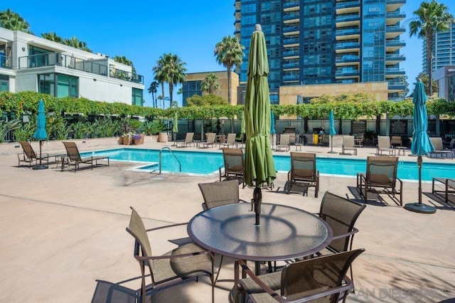 view of swimming pool with a patio