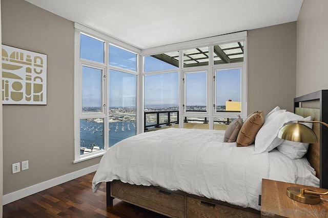 bedroom featuring a water view and dark hardwood / wood-style flooring