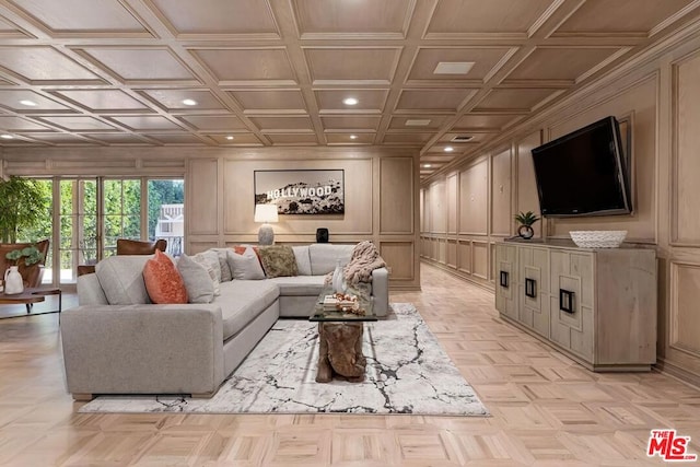 living room with beamed ceiling, light parquet floors, ornamental molding, and coffered ceiling