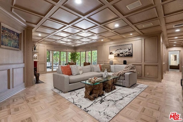 interior space with light parquet flooring, crown molding, and coffered ceiling