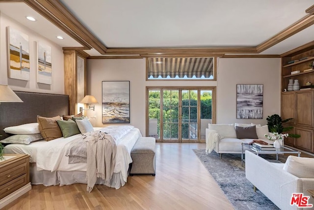 bedroom with crown molding, access to outside, and light hardwood / wood-style flooring