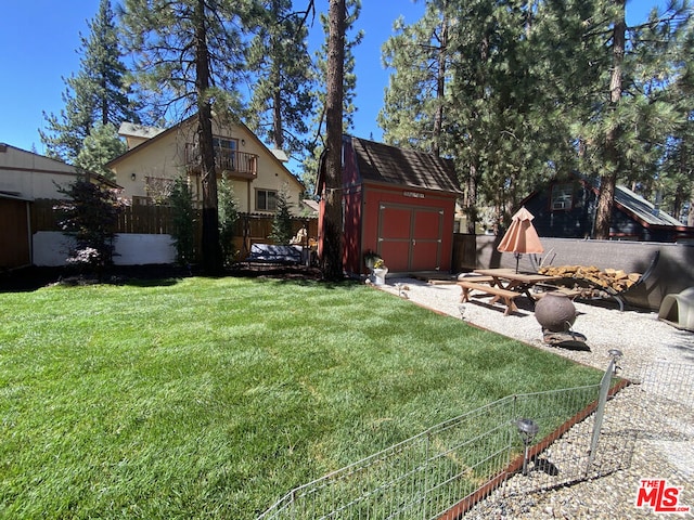 view of yard featuring a patio area and a shed