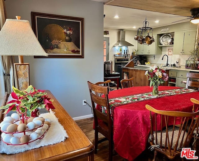 dining space with dark hardwood / wood-style floors, ceiling fan, and sink