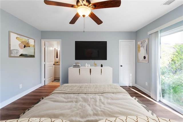 bedroom with ceiling fan, access to exterior, hardwood / wood-style floors, and ensuite bathroom