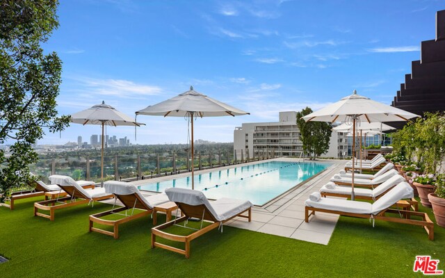 view of swimming pool with a patio area and a yard