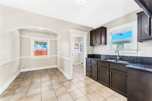 kitchen featuring sink, dark stone countertops, and a healthy amount of sunlight