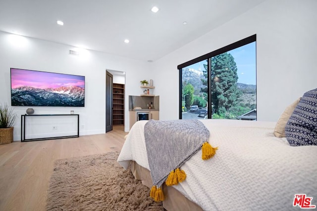 bedroom featuring a walk in closet and light hardwood / wood-style floors