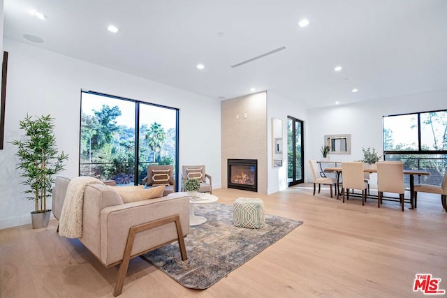 living room with a large fireplace and light hardwood / wood-style floors