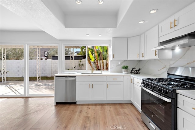 kitchen featuring stainless steel appliances, white cabinetry, and light hardwood / wood-style floors