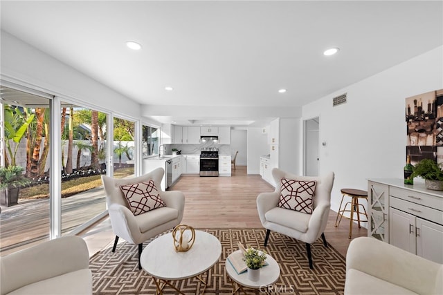 living room with light hardwood / wood-style flooring and sink