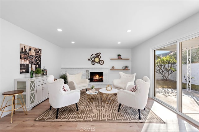 living room featuring a fireplace and light wood-type flooring