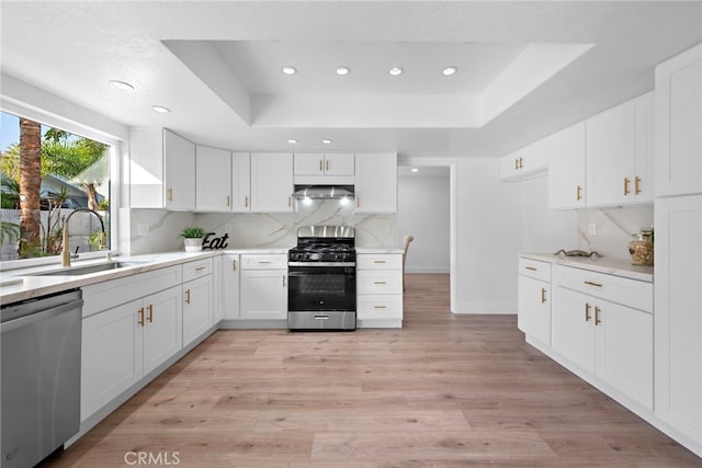 kitchen with white cabinets, stainless steel appliances, and range hood