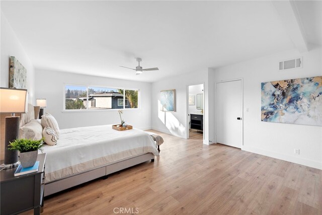 bedroom with ceiling fan, light wood-type flooring, and connected bathroom