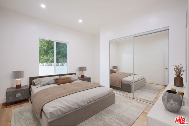 bedroom featuring light hardwood / wood-style flooring and a closet