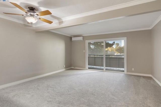 spare room with carpet floors, a wall mounted AC, and ornamental molding