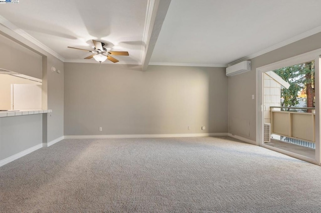 carpeted spare room with a wall mounted air conditioner, beamed ceiling, ceiling fan, and crown molding