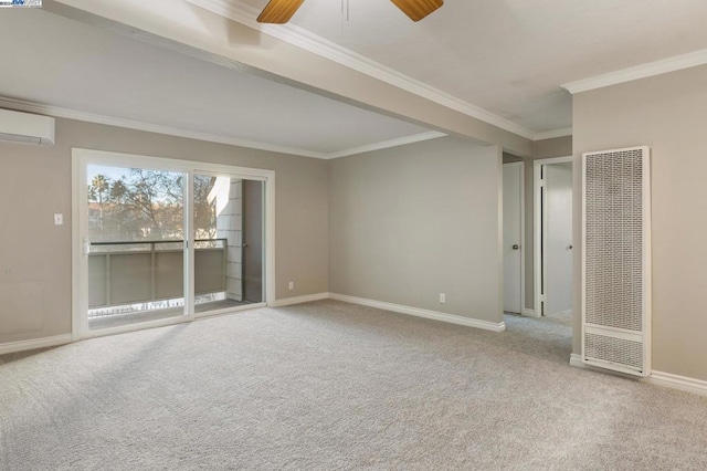 interior space featuring ceiling fan, an AC wall unit, and crown molding