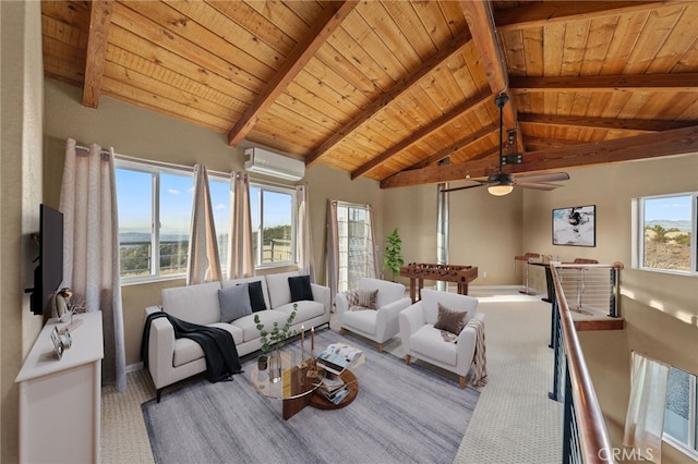 living room featuring lofted ceiling with beams, an AC wall unit, light carpet, and wooden ceiling