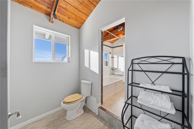 bathroom with toilet, wood ceiling, tile patterned floors, plus walk in shower, and lofted ceiling with beams