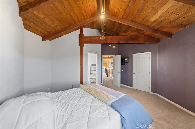 bedroom featuring carpet floors, wooden ceiling, and vaulted ceiling with beams