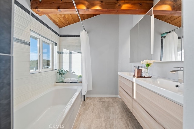 bathroom with shower with separate bathtub, vaulted ceiling with beams, wooden ceiling, and vanity