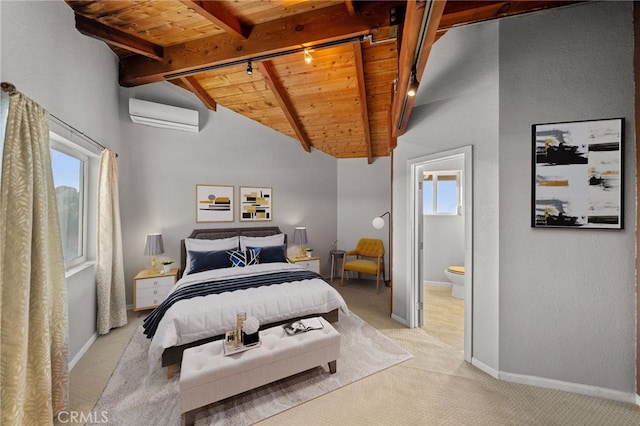 carpeted bedroom with an AC wall unit, multiple windows, beamed ceiling, and wooden ceiling