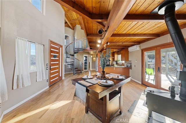 kitchen with a wall mounted AC, a healthy amount of sunlight, and wood ceiling