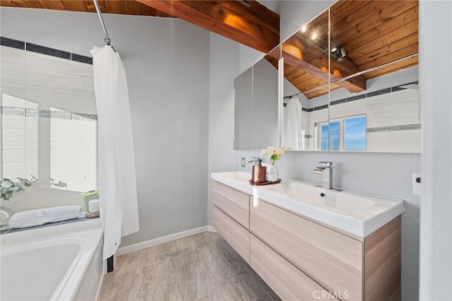 bathroom with hardwood / wood-style flooring, vanity, wooden ceiling, and beam ceiling