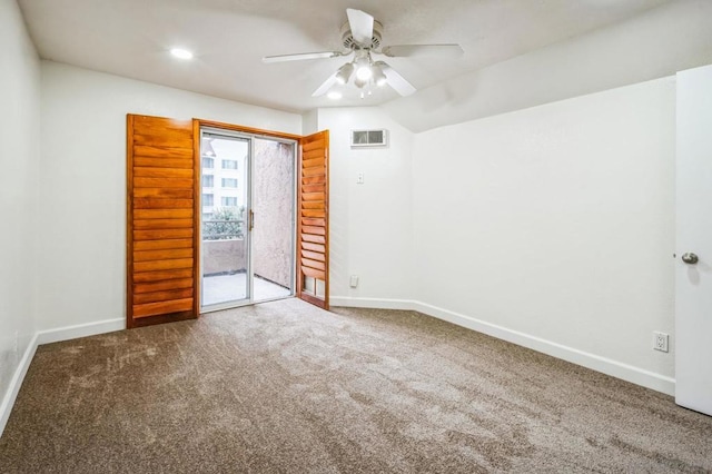 unfurnished bedroom featuring carpet, access to exterior, and ceiling fan