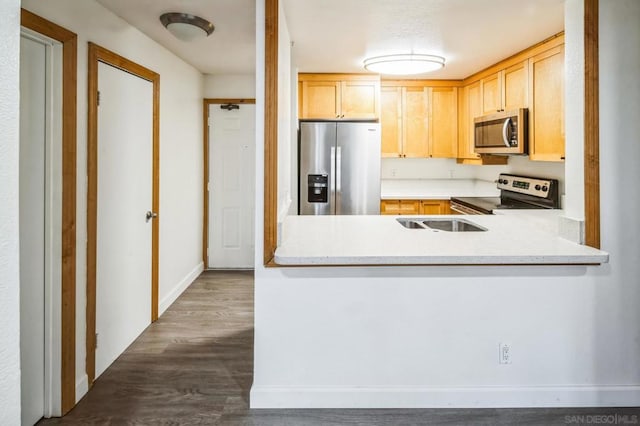 kitchen with dark hardwood / wood-style floors, kitchen peninsula, stainless steel appliances, and light brown cabinetry