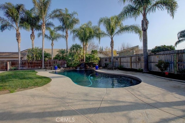 view of swimming pool with a lawn and a patio