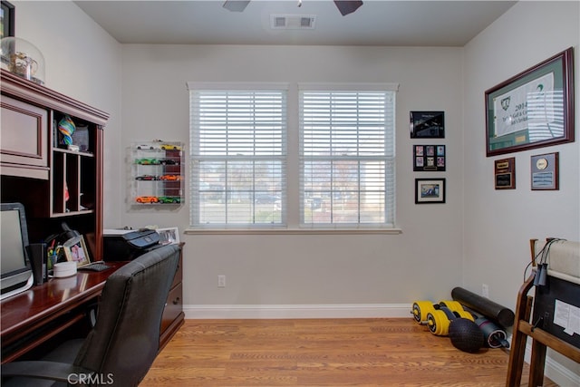 office space with ceiling fan and light wood-type flooring