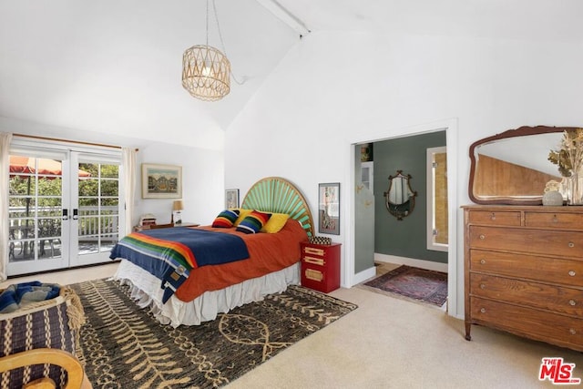 bedroom with light carpet, french doors, access to outside, high vaulted ceiling, and beamed ceiling