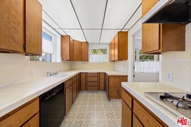 kitchen with dishwasher, plenty of natural light, range hood, and white gas cooktop