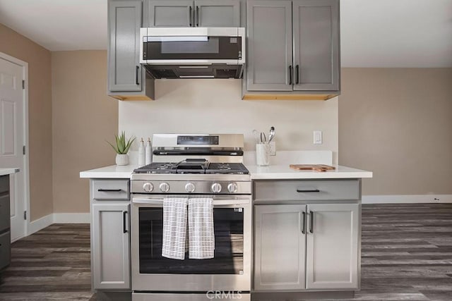 kitchen with gray cabinetry, stainless steel appliances, and dark hardwood / wood-style floors