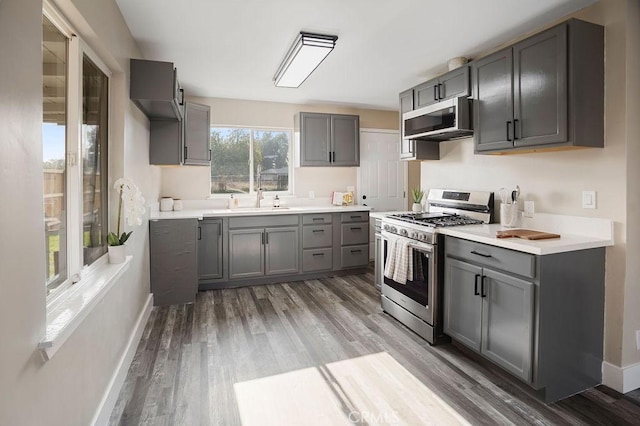 kitchen featuring gray cabinetry, dark hardwood / wood-style floors, sink, and appliances with stainless steel finishes