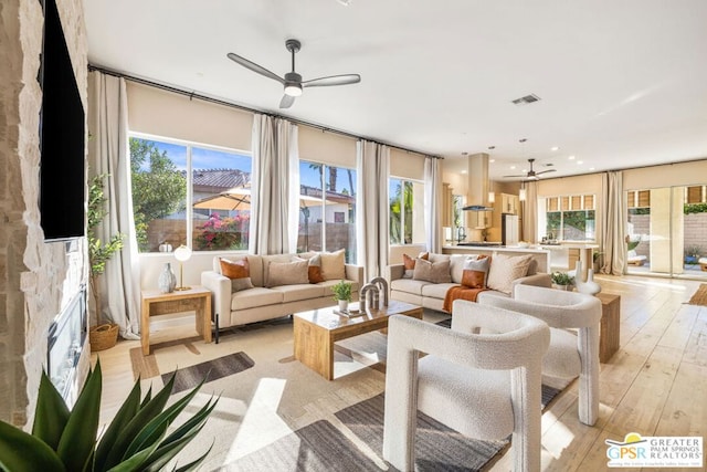 interior space featuring ceiling fan