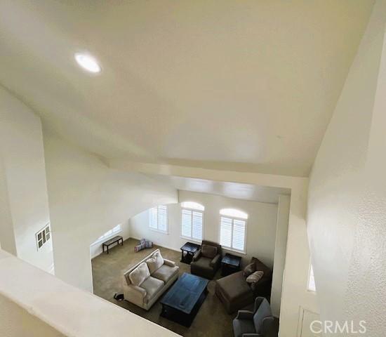 living room featuring lofted ceiling