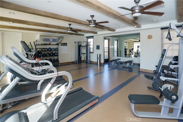 exercise room with ceiling fan