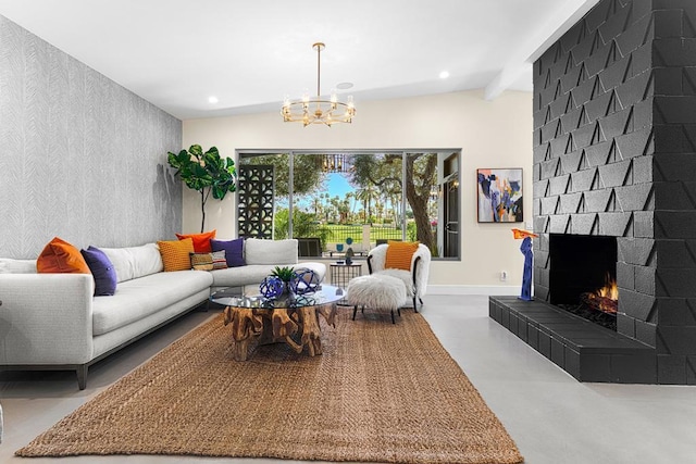 living room with a tiled fireplace, concrete floors, lofted ceiling with beams, and a notable chandelier