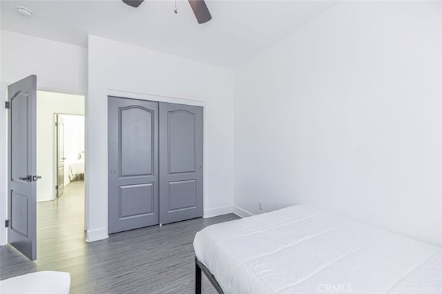 bedroom featuring ceiling fan, dark hardwood / wood-style flooring, and a closet