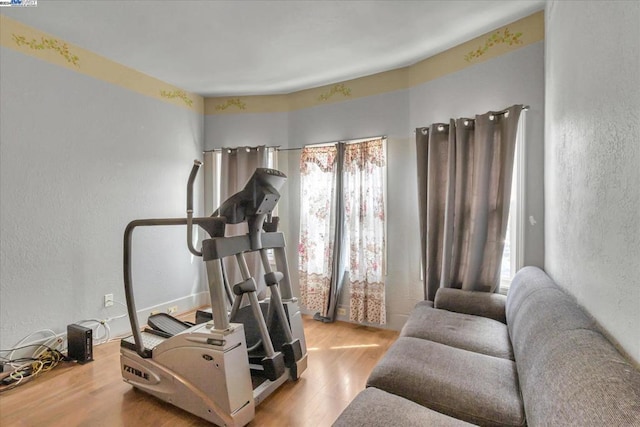 exercise area with plenty of natural light and light hardwood / wood-style floors