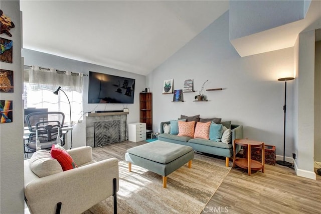 living room with hardwood / wood-style flooring and high vaulted ceiling