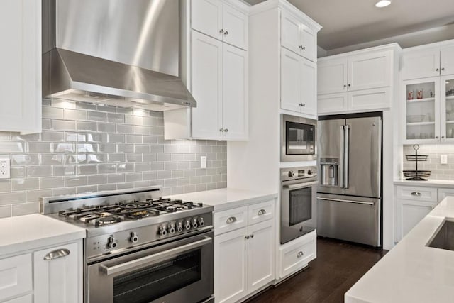 kitchen with white cabinetry, premium appliances, decorative backsplash, and wall chimney exhaust hood