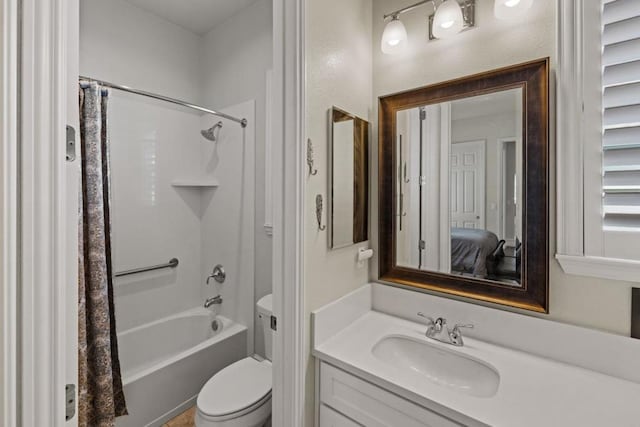 full bathroom with shower / bath combo with shower curtain, toilet, and vanity