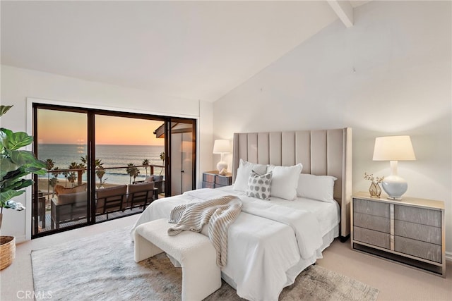 bedroom with light carpet, access to outside, lofted ceiling with beams, and a water view